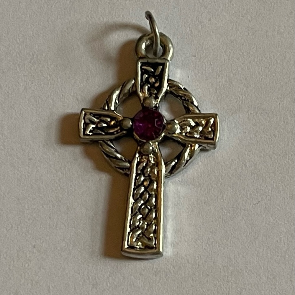 Silver Toned Celtic Cross Pendant With Purple Crystal